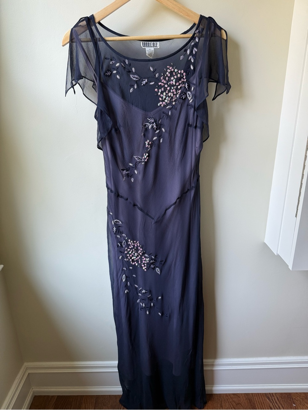 Robbie Bee Navy Blue Floral Embroidered Evening Dress